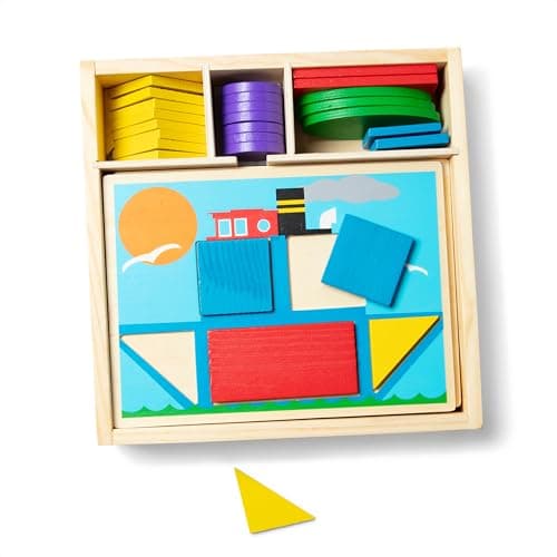 Melissa & Doug Beginner Wooden Pattern Blocks Educational Toy with 5 Double-Sided Scenes and 30 Shapes Puzzles for Kids 3+ - Image 1