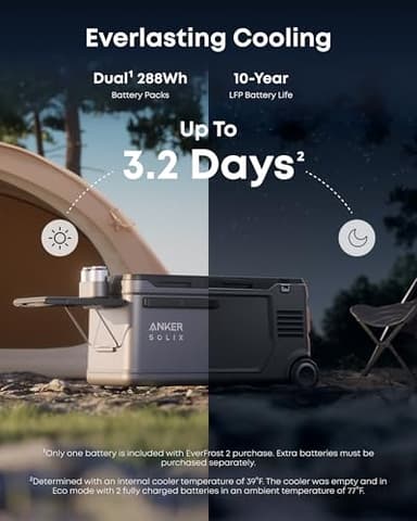 Anker SOLIX EverFrost 2 58L Cooler, 61 qt Car Refrigerator, Electric Cooler with 288Wh Battery, Powered by AC/DC or Solar, for Camping, Travel, and Fishing, -4℉ to 68℉ (Only 1 Battery Included) - Image 2