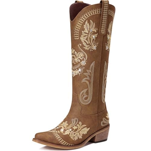 Dixhills Brown Cowboy Boots for Women - Wide Calf Knee High Cowgirl Boots, Glitter Sparkly Rhinestone Western Country Boots with Classic Embroidery, Pointed Toe Pull On Zipper Retro Boots Size 7.5 - Image 1