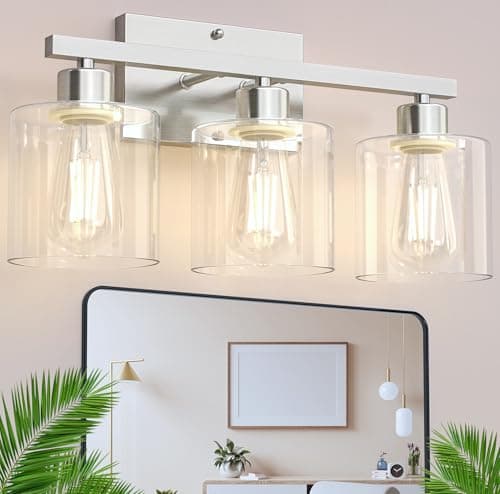 Phaosio Bathroom Vanity Light Fixtures 3-Light Wall Sconce, Brushed Nickel Mirror Light with Clear Glass Shade, Easy Install Bedroom Hallway Lighting, E26 Base - Image 1