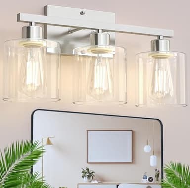 Phaosio Bathroom Vanity Light Fixtures 3-Light Wall Sconce, Brushed Nickel Mirror Light with Clear Glass Shade, Easy Install Bedroom Hallway Lighting, E26 Base - Image 1