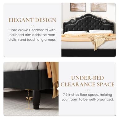 SHA CERLIN Queen Bed Frame with Adjustable Headboard/Velvet Upholstered/Diamond Button Tufted and Metal Studs/No Box Spring Needed/Wood Slat Support/Easy Assembly/Black - Image 7