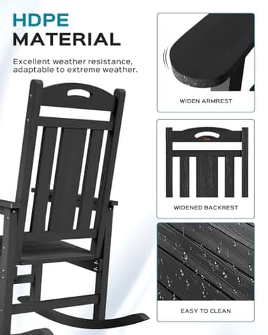 Oversized Rocking Chair Outdoor, HDPE Poly Rocking Chair, All Weather Porch Rocker for Deck Patio Balcony, 380lbs, Black - Image 5