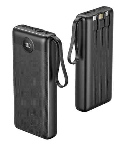 VRURC Portable Charger 20000mAh, Built-in Cable Fast Charging Power Bank, PD QC 3.0 Travel Essentials Battery Pack, 4 Output & 2 Input Phone Charger for iPhone,Samsung, Android-Black - Image 1