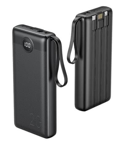 VRURC Portable Charger 20000mAh, Built-in Cable Fast Charging Power Bank, PD QC 3.0 Travel Essentials Battery Pack, 4 Output & 2 Input Phone Charger for iPhone,Samsung, Android-Black - Image 1