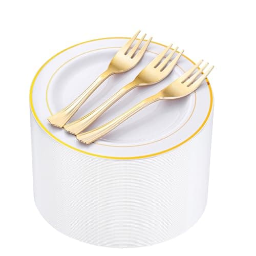 WELLIFE 120 PCS Plastic Dessert Plates and 120 PCS Forks, 6.3 inch Disposable Salad Plate, Premium White Appetizer Plates with Gold Rims Perfect for Parties, Weddings - Image 1