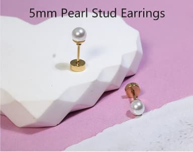 14K Gold Screw Back Pearl Stud Earrings for Women,Flat Back Pearl Cartilage Earrings Helix Earrings Hypoallergenic 316L Surgical Steel Piercing Jewelry Gift for Toddlers (5mm Pearl, Gold) - Image 2