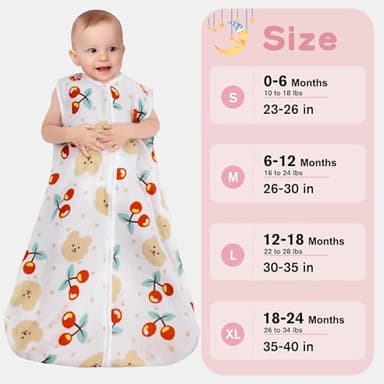BSTOPPT 2 Pack Baby Sleep Sack 0-6 Months 100% Cotton Muslin Baby Sleeping Bag 2-Way Zipper Wearable Blankets (Flower & Cherry, Small) - Image 5