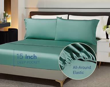 Arianaut Queen Sheet Set Green 100% Egyptian Cotton Satin Sheets 1000 Thread Count Luxury Hotel Quality Deep Pocket Queen Sheets Soft Silky Cooling Queen Size Bed Set 4PC Green - Image 4