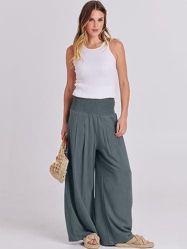 ANRABESS Women Linen Palazzo Pants Summer Boho Wide Leg High Waist Casual Lounge Pant 2025 Beach Travel Vacation Outfits Grey Small - Image 7