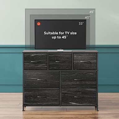 WLIVE 7 Drawer Dresser TV Stand, Entertainment Center, Media Console Table with Metal Frame and Wood Top for TV up to 45 inch, Chest of Drawers for Bedroom, Charcoal Black Wood Grain Print - Image 6
