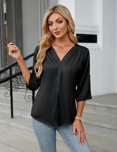 Blooming Jelly Womens Button Down Shirts Pleated Business Casual Tops 3/4 Sleeve Dressy Blouses 2025 (Large, Black) - Image 2