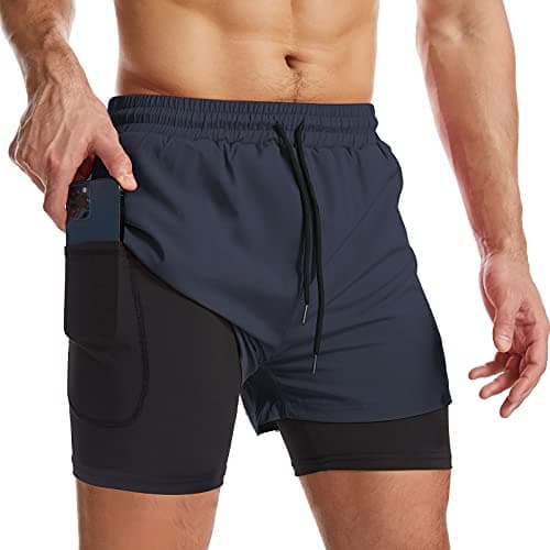 Surenow Mens 2 in 1 Running Shorts Quick Dry Athletic Shorts with Liner, Workout Shorts with Zip Pockets and Towel Loop Navy Blue - Image 1