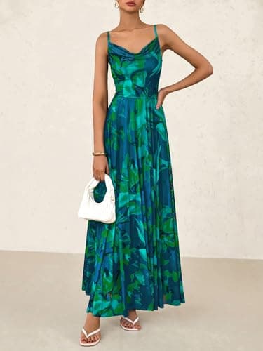 BTFBM Women Summer Floral Maxi Dresses Elegant Spaghetti Strap Dress Printed Party Dress Beach Long Dresses(Floral Green,Large) - Image 4