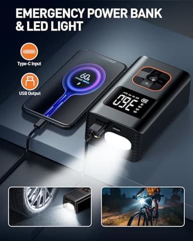 Tire Inflator Portable Air Compressor - 10000mAh Cordless Air Pump for Car Tires, 150 PSI Electric Bike Tire Pump with LED Light and Digital Pressure Gauge for Motorcycle, Auto, Ball, Bicycle (Art) - Image 6