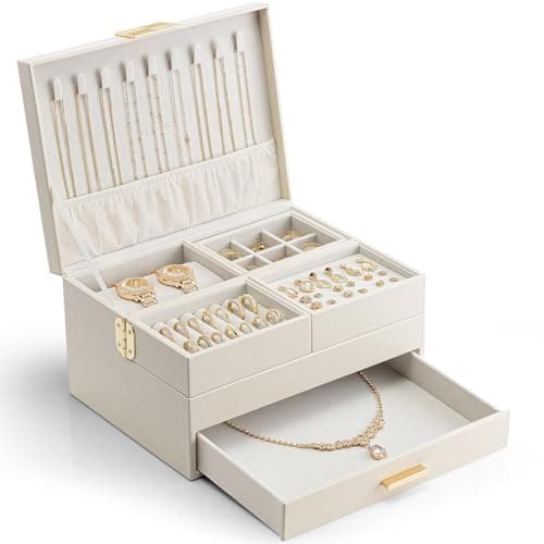 Vlando 3 Layer Jewelry Box - Women Jewelry Box with Retractable Tray - Jewelry Organizers with Drawer for Necklaces, Rings, Bracelets, Earrings, Gift for Couples Mom Girls - Could White - Image 1