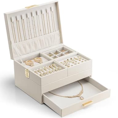 Vlando 3 Layer Jewelry Box - Women Jewelry Box with Retractable Tray - Jewelry Organizers with Drawer for Necklaces, Rings, Bracelets, Earrings, Gift for Couples Mom Girls - Could White - Image 1