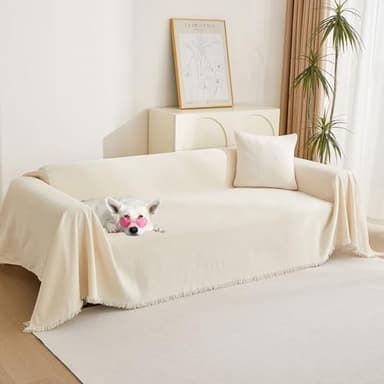 MYSKY HOME Couch Cover 3 Cushion Sofa with Tassel, Chenille Sofa Covers Couch Covers, Slipcovers for Sectional l Shaped Dogs Protector Furniture Covers, 91" X150", Beige - Image 3