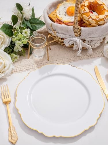 WDF 60pcs Gold Plastic Dinner Plates -10.25inch Baroque White and Gold Wedding Plates Fancy Heavy Duty Fall Plastic Plates for Upscale Thanksgiving Parties & Wedding & Birthday - Image 4