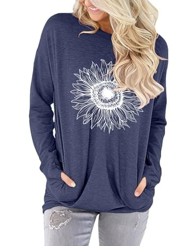 onlypuff Long Sleeve Shirts for Women Graphic T Shirts Tunic Tops Pocket Tee Shirt Cute Casual Fall Fashion Sweatshirt NavyBlue M - Image 3