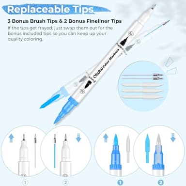 Ohuhu Markers for Adult Coloring Books No Bleeding 60 Colors Coloring Markers Water-based Dual Tips Fineliner & Brush Drawing Pens Art Pens for Kids Adults Sketch Journal - Maui - White - Image 7