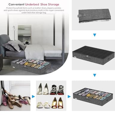 Friday Monkey Large Sturdy Thicken Shoe Storage Box, Clear Shoe Organizer for Closet Underbed, Folding Shoe Rack Sneaker Bin Holder Container Display Case, 16x2 Pairs, Linen-like Black, ZMXAUBS16P2 - Image 5