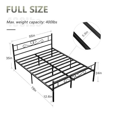 VECELO Full Size Bed Frame with Headboard, Heavy-Duty Platform with Metal Slats Support, No Box Spring Needed/Easy Assembly, Dark&Black - Image 2