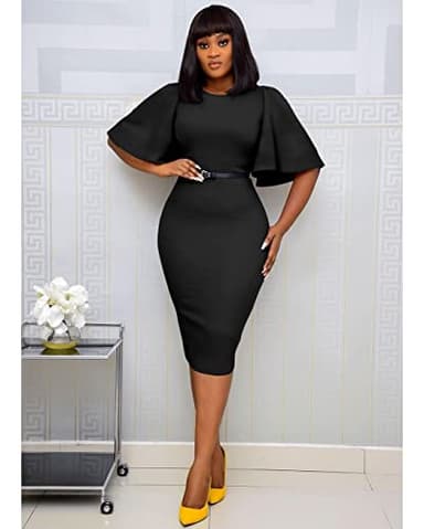 Memoriesea Women's Basic Bodycon Ruffle Flared Short Sleeve Pencil Midi Dress Black - Image 6