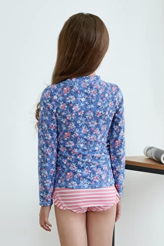 UMELOK Little Girls Rash Guard Sets Swimwear 2-Pieces Long Sleeve Swimsuit Sets Light Purple/Pink, Floral/Stripe 6Y,Little Kid - Image 3