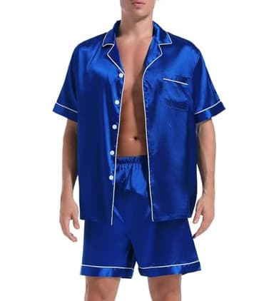 Guriyzee Couple Pajamas Set Men Satin Short Sleeve Sleepwear 2 Pcs Button Down Pjs Loungewear Navy Blue Large - Image 2