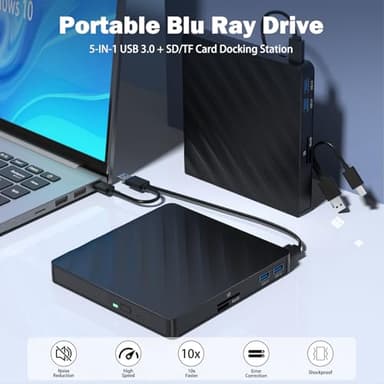 5 in 1 External Blu Ray Drive, Portable Blu Ray Player with USB 3.0 Type-C, CD DVD Burner 3D Blu Ray with SD/TF Port, Blu Ray Drive Compatible with Windows Laptop Desktop (Updated Version) - Image 4
