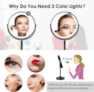 Lighted Makeup Mirror, 3000 mAh Rechargeable Double Sided Magnifying Vanity Mirror with 3 Colors, 1x/10x, 360° Rotation , Brightness Adjustable Magnification Cosmetic Light up Mirror, Women Gift - Image 4
