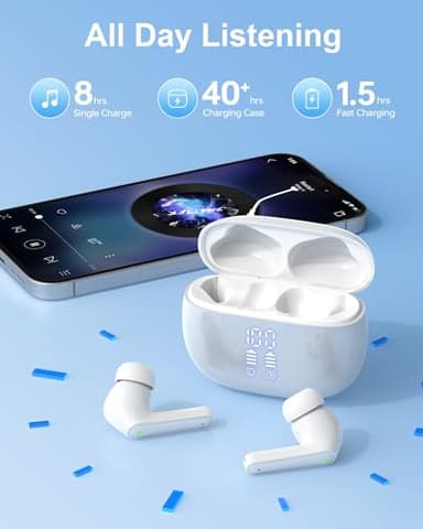 HUIFU Ear Buds Wireless Earbuds - Bluetooth Headphones 40H Playtime LED Display Deep Bass Stereo in-Ear Earphones with IPX7 Waterproof for iPhone Android Phone Tablet Laptop, Pure White - Image 5