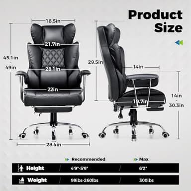 COMHOMA Big and Tall Office Chair, High Back Leather Gaming Chair with Footrest, Executive Ergonomic Office Chair with Pocket Spring Lumbar Support and with Outward Fixed Soft Armrests - Image 2