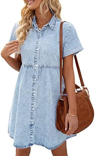 LookbookStore Women's Short Sleeve Button Down Flowy Tiered Babydoll Denim Dress - Image 3