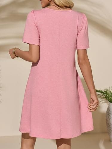 Imily Bela Womens Summer Casual T Shirt Dress Short Sleeve Crewneck Pleated Front Loose Beach Flowy Mini Dresses Pink - Image 3