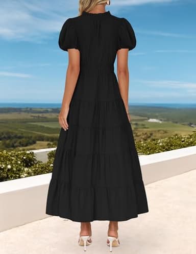 ZESICA Women's Summer Casual Maxi Dress 2025 Puff Short Sleeve V Neck Ruffle Tiered Flowy Boho Beach Dresses,Black,Medium - Image 3