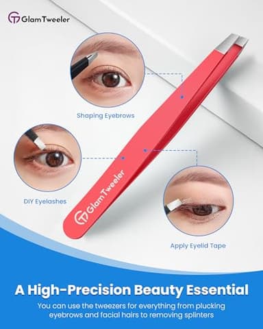 Expert Eyebrow Hair Removal Tweezer with Leather Case, GlamTweeler High Precision Slant Tip Stainless Steel Tweezers for Men and Women (Hot Pink) - Image 5