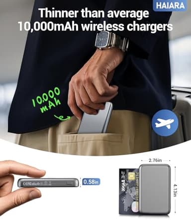 HAIARA for Magsafe Battery Pack, 10000mAh Magnetic Portable Charger with USB C Cable 20W PD Fast Charging, Slim & Lightweight Wireless Power Bank for iPhone 16/15/14/13/12 Series - Sky Grey - Image 3