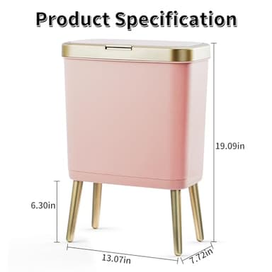 Procade Bathroom Trash Can with Lid, 4 Gallon Pink Garbage Can, Tall Plastic Trash Bin with Push Button, Slim Gold Trash Can Waste Basket for Room, Bedroom,Office,Kitchen - Image 5