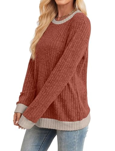Sampeel Women's Sweaters Pullover Fall Outfits 2025 Early Fashion Fall Clothes Long Sleeve Tops Fashion Clothing Winter Clothes Plus Size Fall Tops Caramel L - Image 3