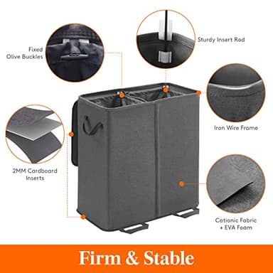 Lifewit Double Laundry Hamper with Lid and Removable Laundry Bags, Large Collapsible 2 Dividers Dirty Clothes Basket with Handles for Bedroom, Laundry Room, Closet, Bathroom, College, 136L Black - Image 2