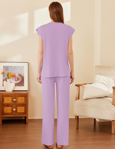 Ekouaer Lounge Sets for Women 2 Piece Outfits Knit Sweater Vest Lounge Pants Casual Matching Loungewear Set Lilac XXL - Image 3