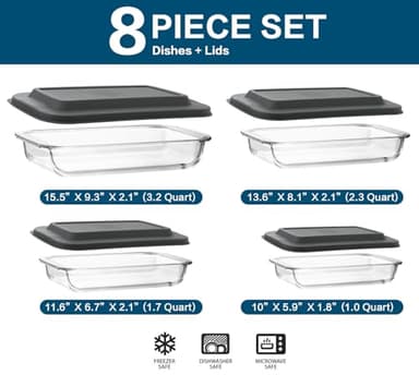 8-Piece Deep Glass Baking Dish Set with Plastic lids,Rectangular Glass Bakeware Set with Lids, Baking Pans for Lasagna, Leftovers, Cooking, Kitchen, Freezer-to-Oven and Dishwasher, Gray - Image 2