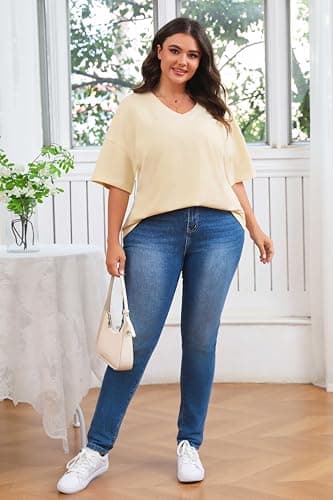 Fisoew Women's Plus Size V Neck T Shirts Summer Half Sleeve Tees Casual Loose Fit Cotton Tunic Tops Beige - Image 4