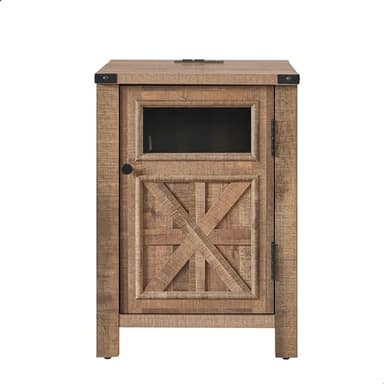 JXQTLINGMU Farmhouse End Table with Charging Station, 18'' Rustic Nightstand with Barn Door & Adjustable Shelf, Wooden Sofa Side Table with 3-Tier Storage for Living Room, Bedroom, Warm Brown - Image 7