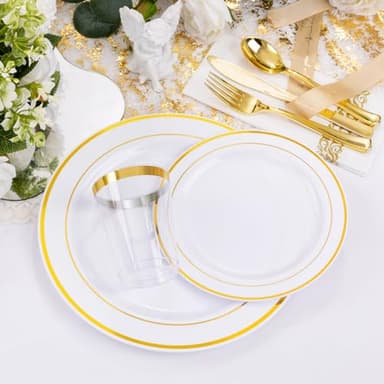 I00000 700Pcs Gold Dinnerware Set for 100 Guests, Plastic Plates for Party, Include: 100 Rim Dinner Plate, 100 Dessert Plate, 100 Paper Napkins, 100 Cups, 100 Gold Plastic Silverware Set - Image 4