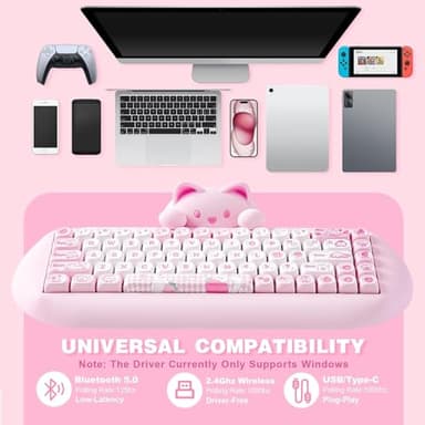 YUNZII C68 Wireless Mechanical Keyboard,65% Layout,Hot Swap,Triple Mode BT5.0/2.4G/Wired, RGB Backlit NKRO,Cute Cat Silicone Ergonomic Design for Win/Mac (Pink, Milk Switch) - Image 3