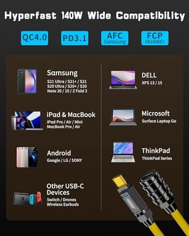 Poyiccot USB C Extension Cable 3ft, 140W USB 4.0 Type C Male to Female Extension Cable, 20Gbps Data & 8K Video Fast Charging Type C Extender, for Thunderbolt 3, Laptop, PC, Phone - Image 6