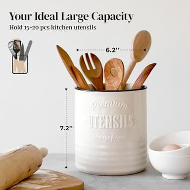 DOWAN 7.2″ Extra Large Kitchen Utensil Holder, Farmhouse Utensil Holder for Countertop, Ceramic Utensil Crock with Protection Cork Mat, Utensil Organizer for Kitchen Decor & Housewarming Gift, White - Image 2